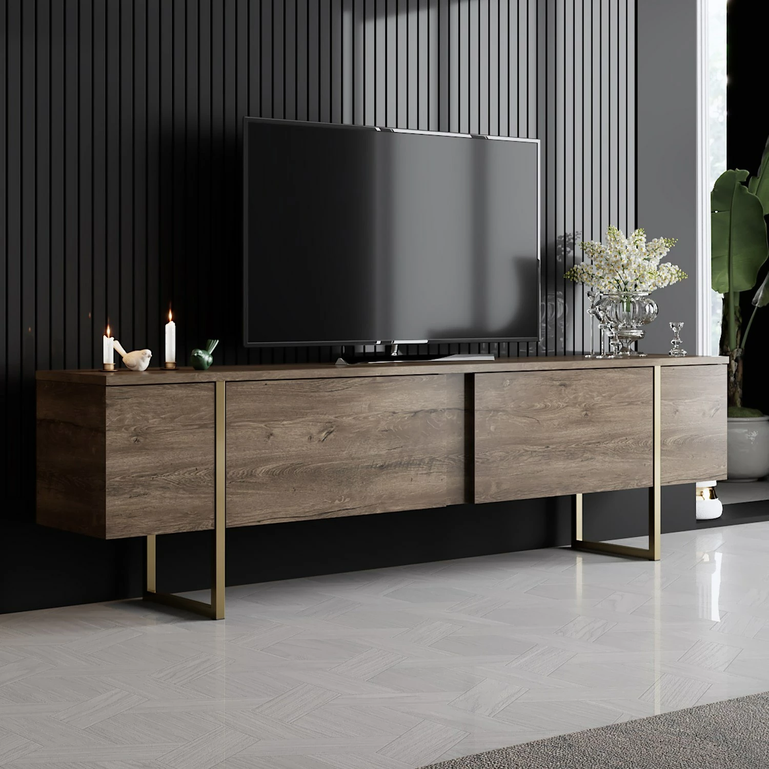 Set mobiljesh për dhomë dite, ngjyrë arre dhe ari, Luxe