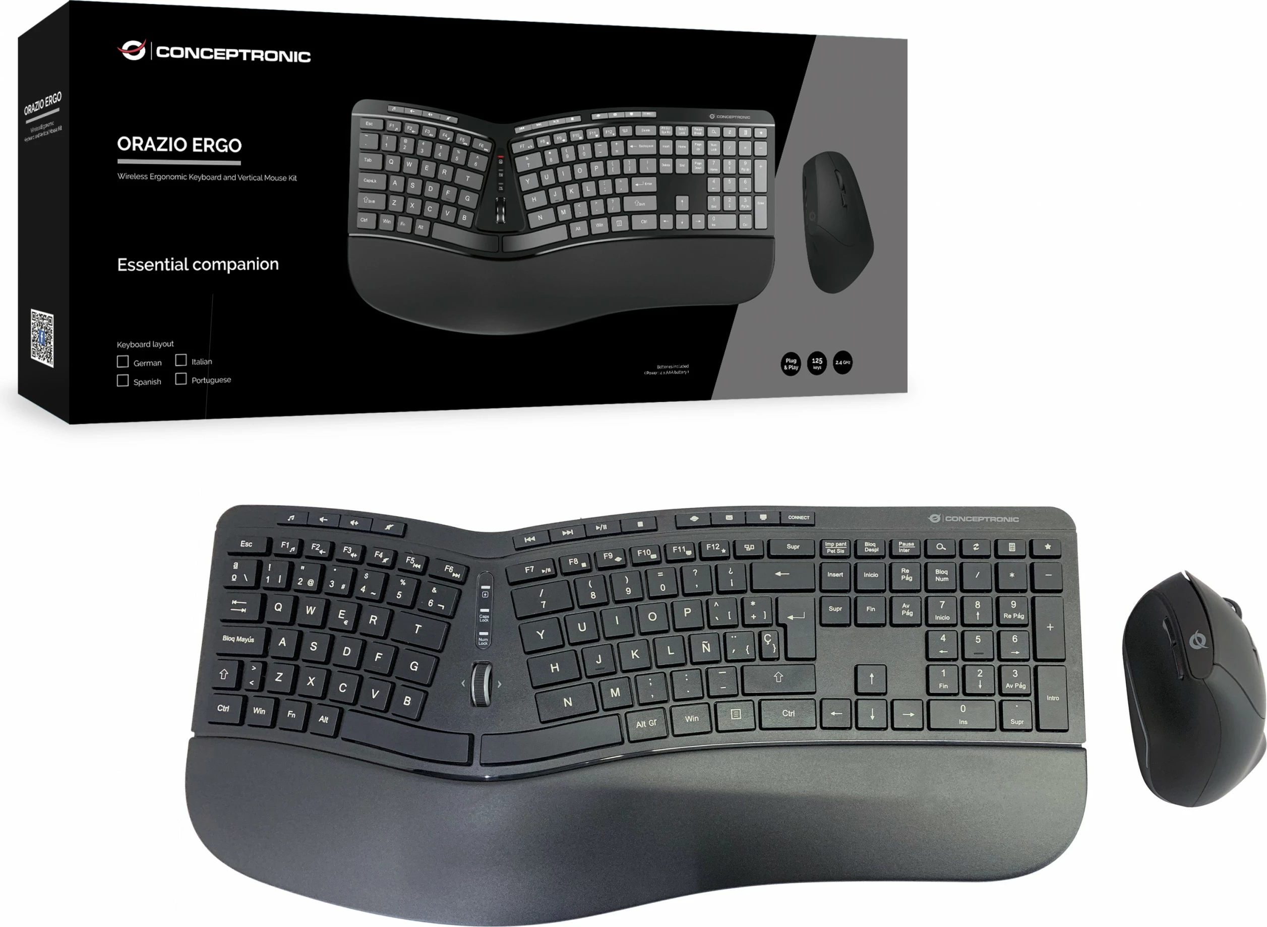 Set tastierë wireless Conceptronic, model ergo, layout spanjoll, me maus, e zezë