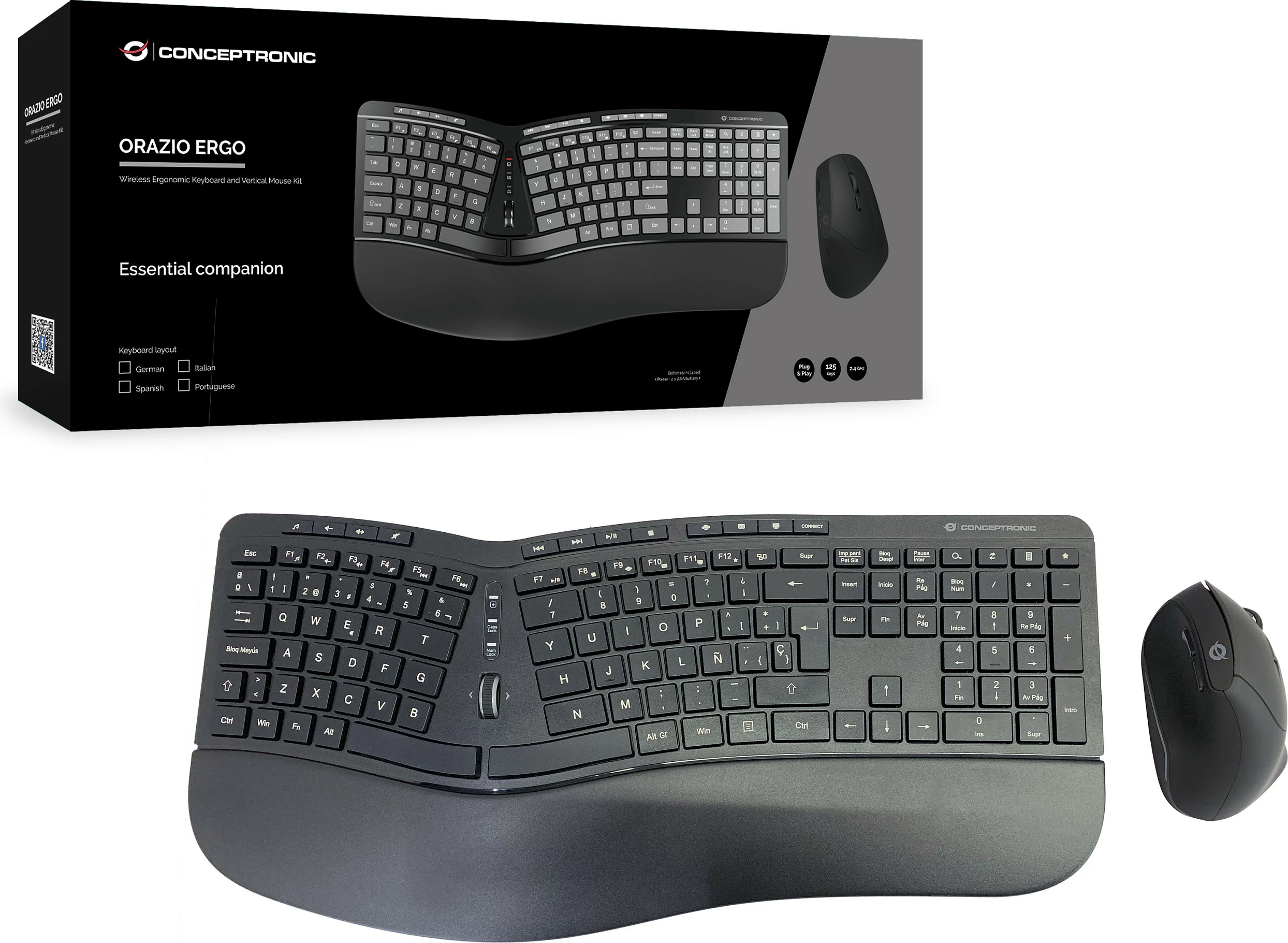 Set tastierë wireless Conceptronic, model ergo, layout spanjoll, me maus, e zezë