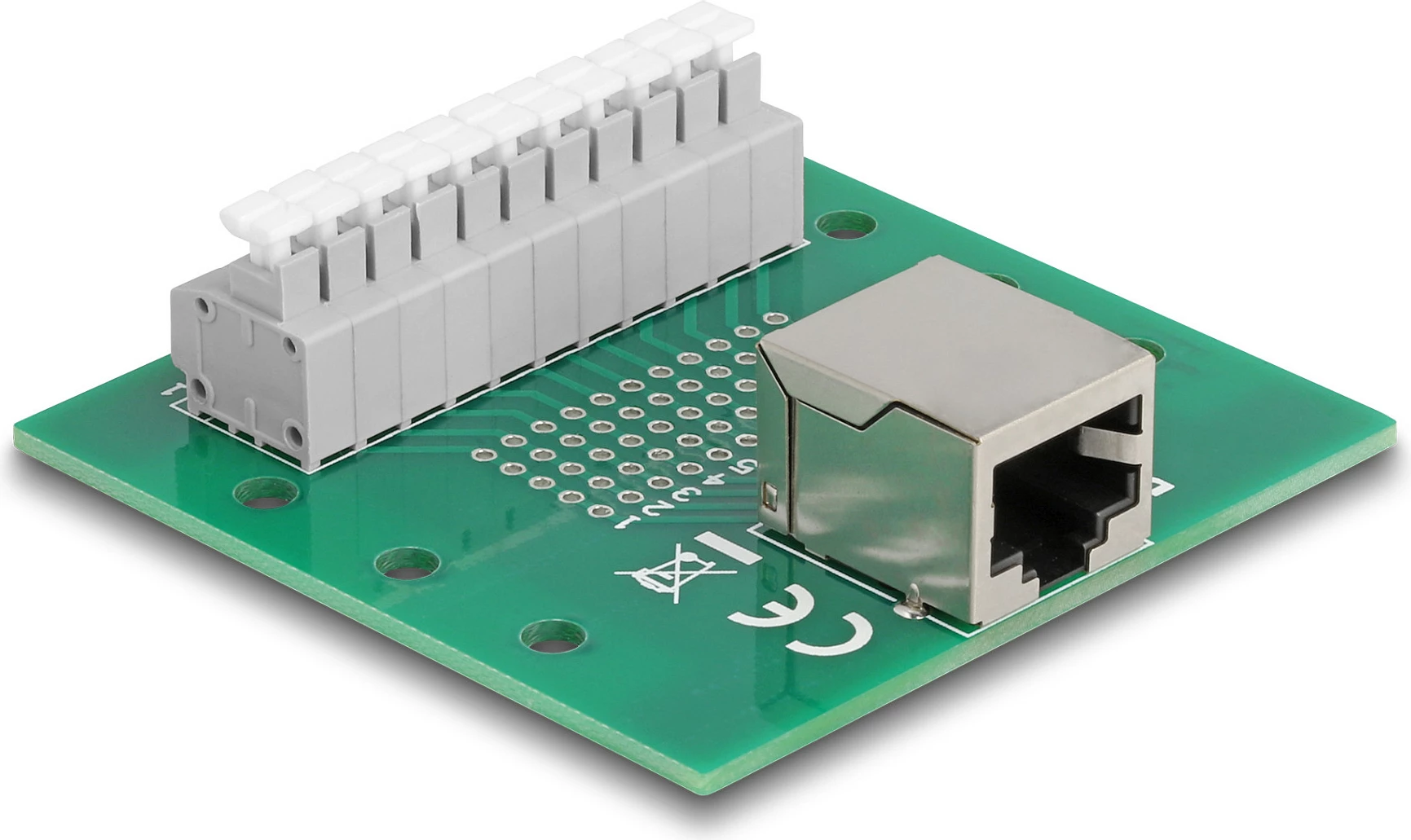 Adapter DeLOCK RJ50 femër në terminal block, montim DIN rail, AWG 24-12, 53x60x18 mm, Jeshile/Hirtë