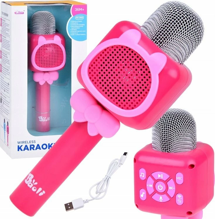 Mikrofon karaoke pa tela Jokomisiada IN0168 me Bluetooth, regjistrim 15s, 1200mAh, 23cm, rozë, set me kabllo USB