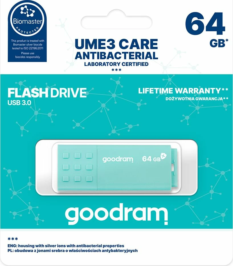 USB memorje GoodRam UME3 CARE 64 GB, USB 3.2 Gen 1, antibakteriale, mint