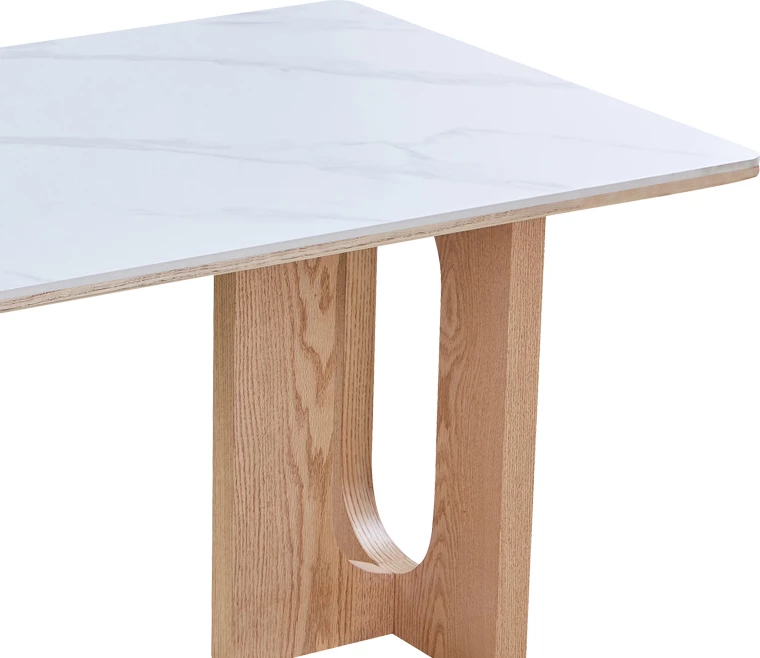 Tavolinë ngrënieje Benqui, gur i sinterizuar, MDF, ngjyrë mermeri të bardhë, bazë natyrale, 160x90x75cm