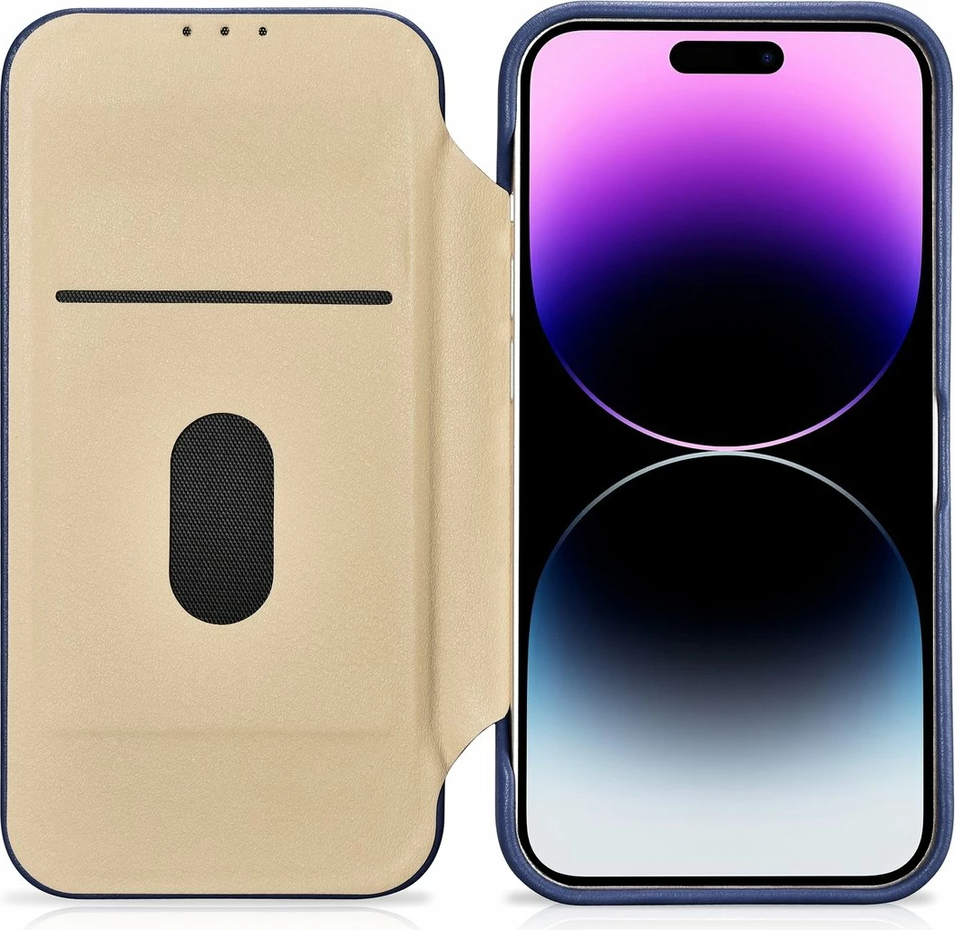 Mbështjellës iCarer CE Premium lëkurë folio për iPhone 14 Pro, MagSafe, Blu