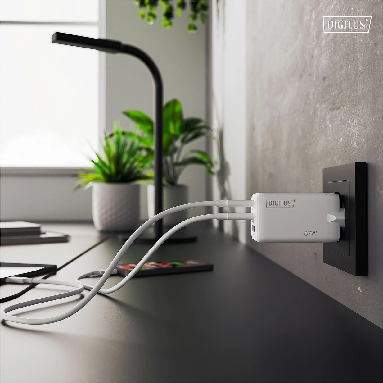 Karikues USB Digitus GaN 67W, 2x USB-C, 1x USB-A, i bardhë