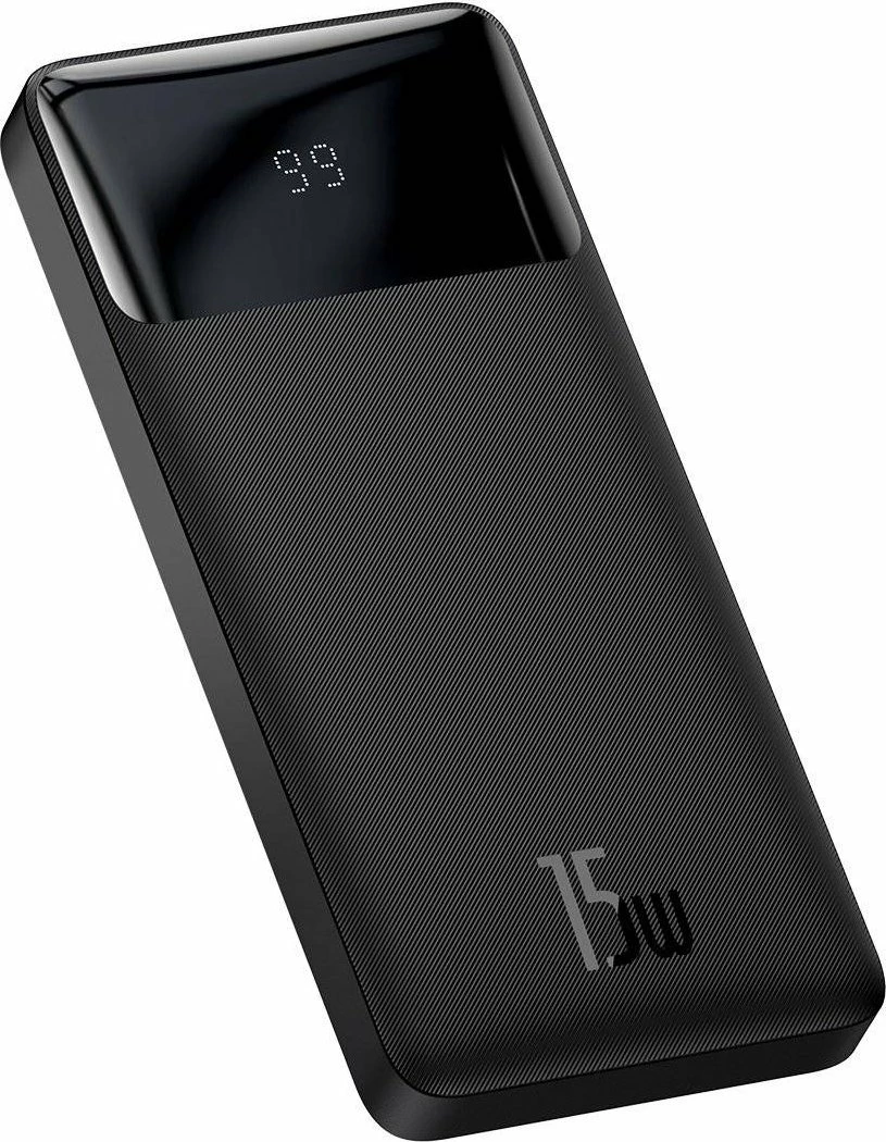 Powerbank Baseus Bipow 10000mAh 15W me ekran digjital, e zezë, me kabllo MicroUSB/USB-A