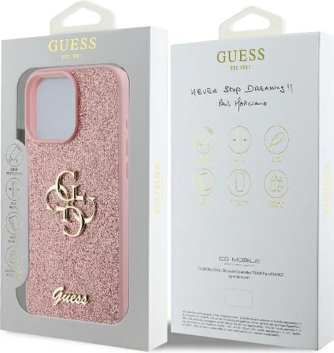 Mbështjellës Guess Fixed Glitter Big 4G për iPhone 16 Pro, Rozë