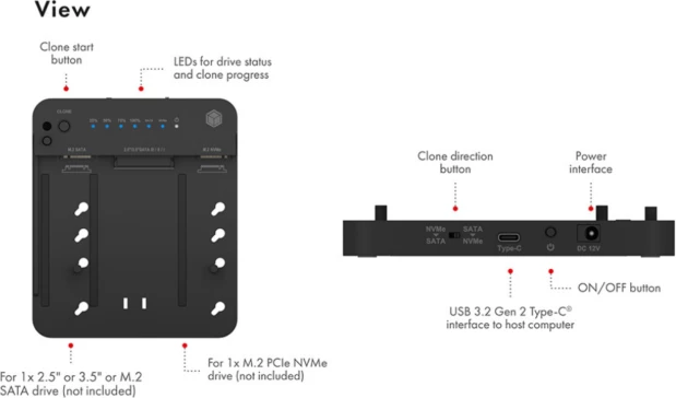 Stacion dokimi & klonimi ICYBOX IB-2915MSCL-C31, USB 3.2 Gen 2 10 Gbit/s, për M.2 NVMe/SATA + 2.5"/3.5" SATA, e zezë