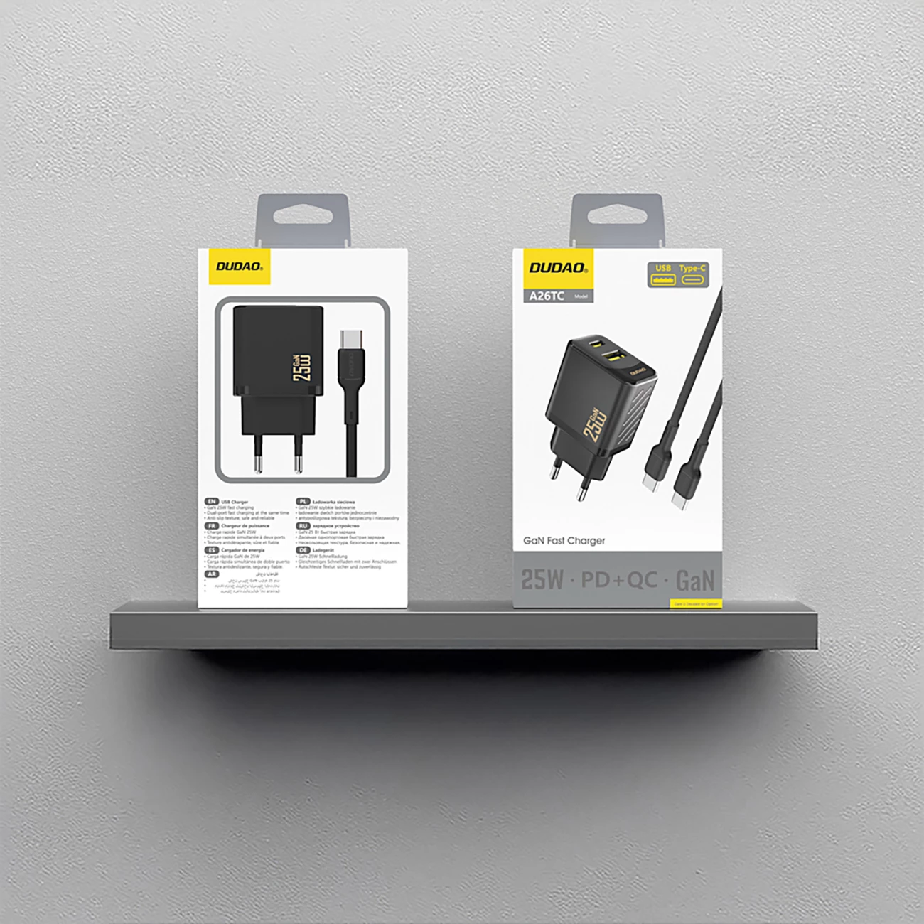 Karikues muri Dudao A26TCEU GaN 25W PD/QC, 2 dalje USB-C + USB-A, prizë EU, me kabllo USB-C, e zezë