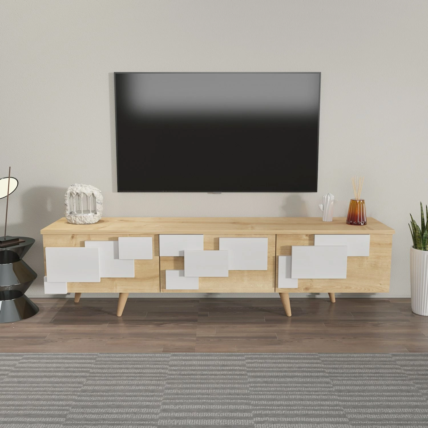 Komodë TV Skye Decor, 3 D, ngjyrë lisi, e bardhë