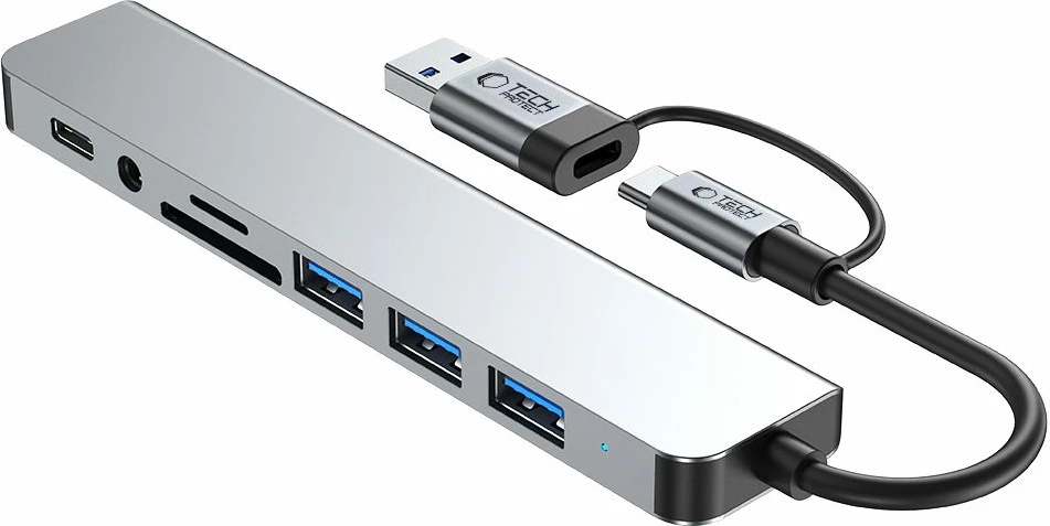 HUB adapter Tech-Protect HB06 8-në-1, Type-C + USB2.0 + USB3.0 + SD/TF + AV3.5, Gri