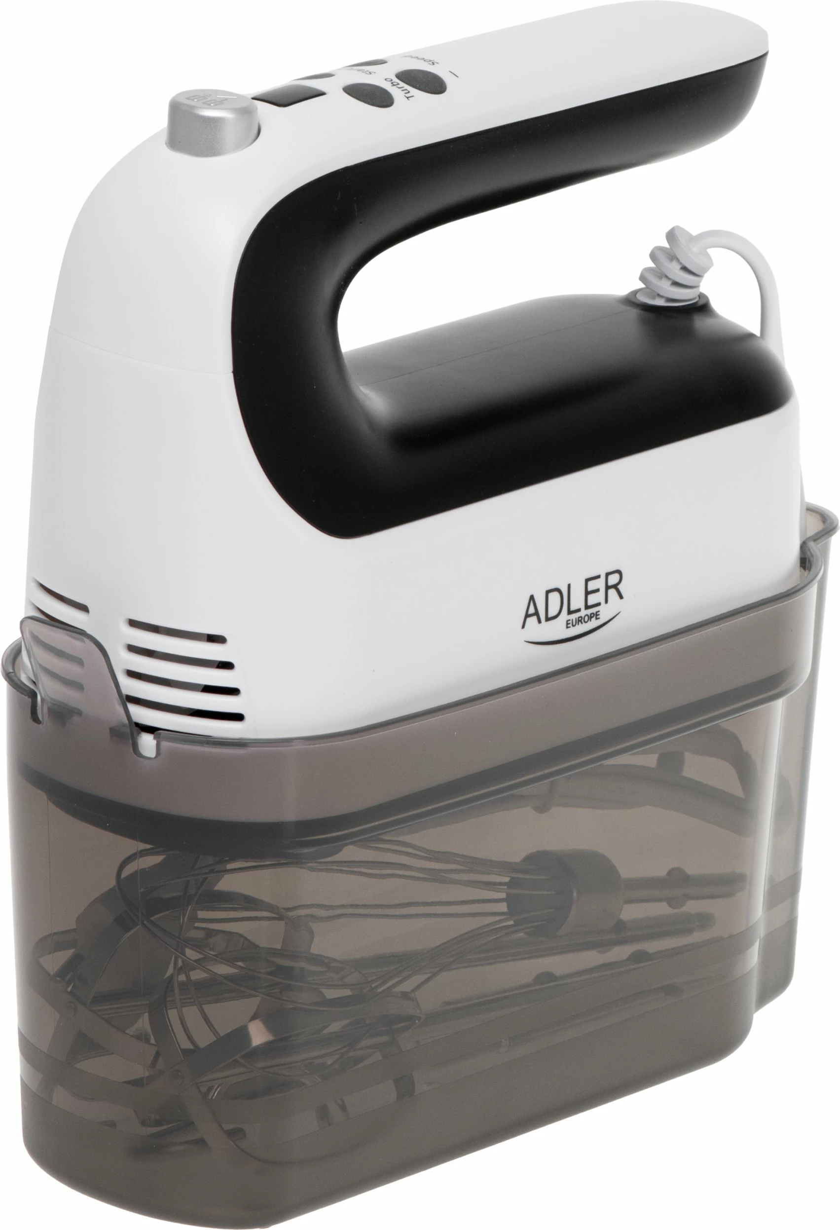 Mikser dore Adler AD 4229, 600 W, 9 shpejtësi, LCD, Turbo, set me 3 lloje shtojcash, i bardhë