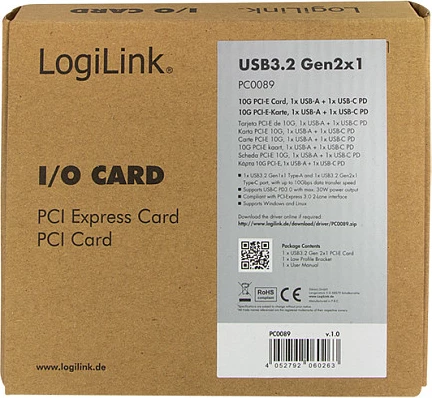 Kartelë PCI-Express LogiLink, USB 3.2 Gen2, USB-A + USB-C (PD)