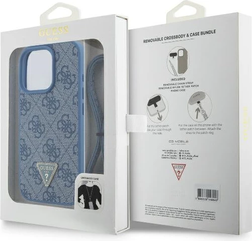 Mbështjellës Guess Crossbody 4G Metal Logo për iPhone 16 Pro Max, Kaltër