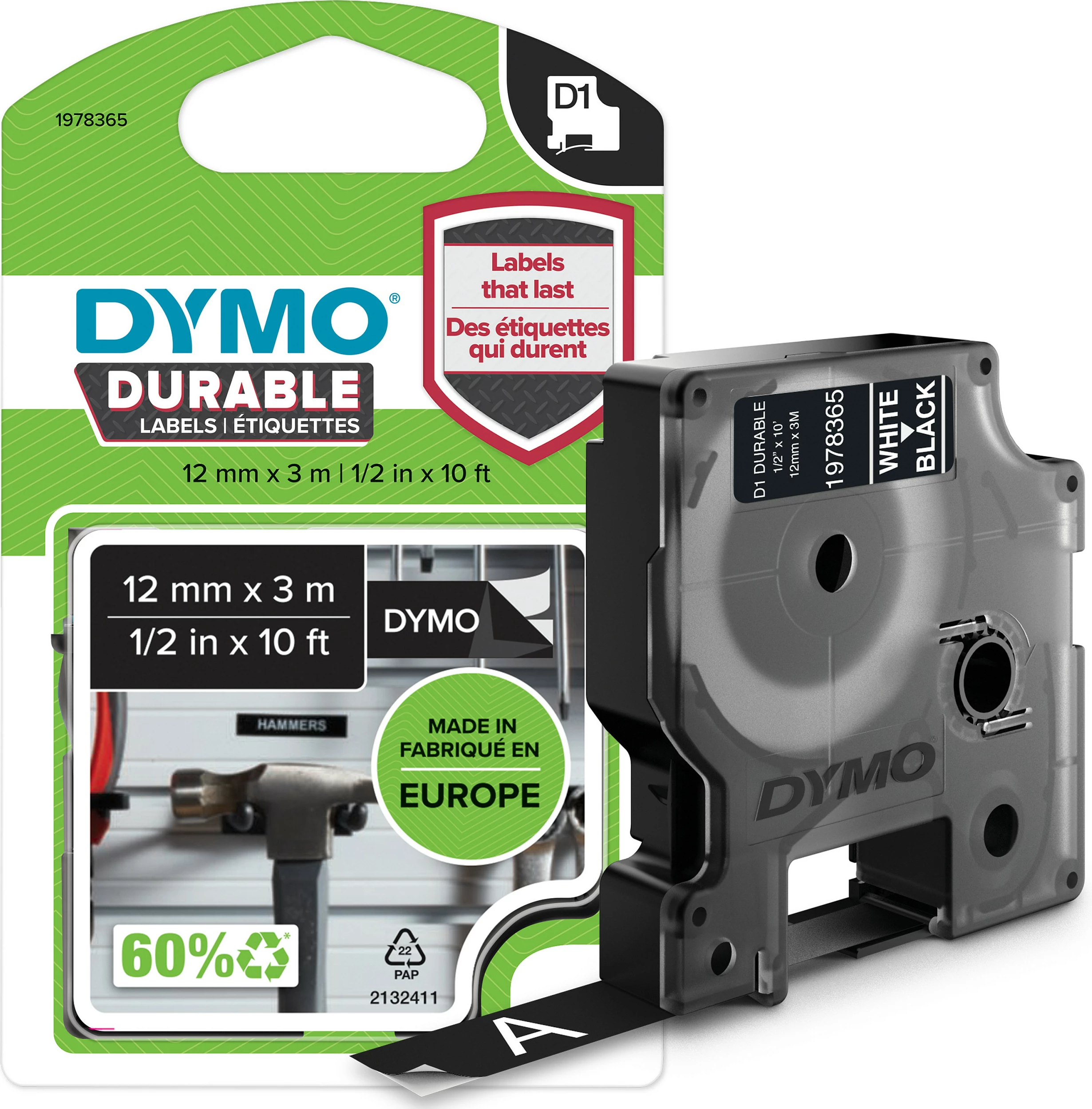 Shirit etikete Dymo D1 Durable Vinyl 12mm x 3m, shkrim i bardhë në të zi
