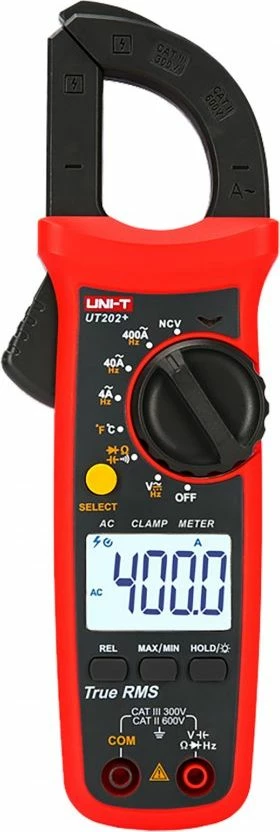 Pincë ampermetër Uni-T UT202+ True RMS, 400A/600V, NCV, 4000 counts, kuqe/zi, me probe dhe termokupl