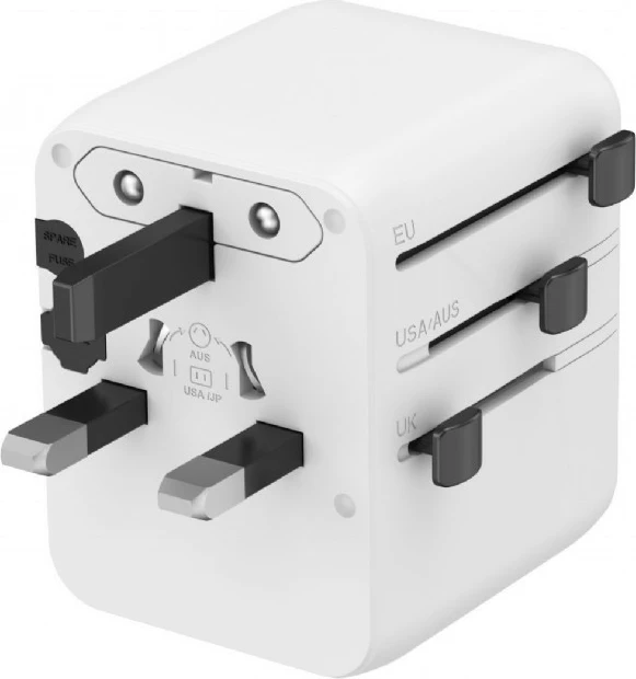 Adapter udhëtimi universal murit, Gembird, TPA-1A2C20-01-W, 20W GaN me 2x USB-C + USB-A dhe prizë AC, me plugje US/UK/EU/AU, i bardhë