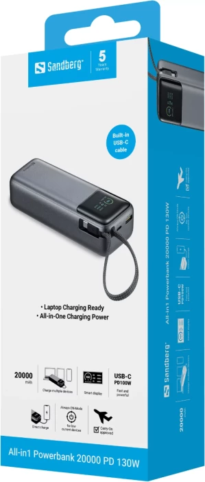 Powerbank Sandberg All-in1 421-30 20000 mAh PD 130W, gri