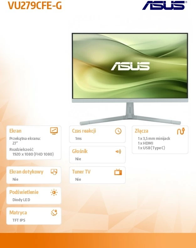 Monitor Asus VU279CFE-G, 27", IPS, FHD, 100Hz, USB-C, HDMI, Gjelbër