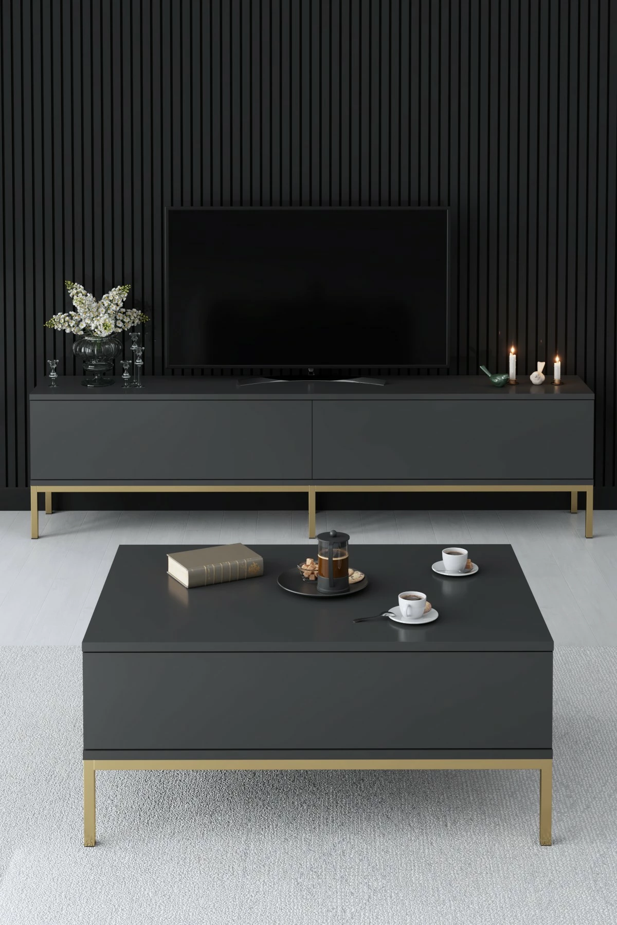 Set mobiljesh për dhomë dite, Hanah Home Lord, anthracite dhe ari