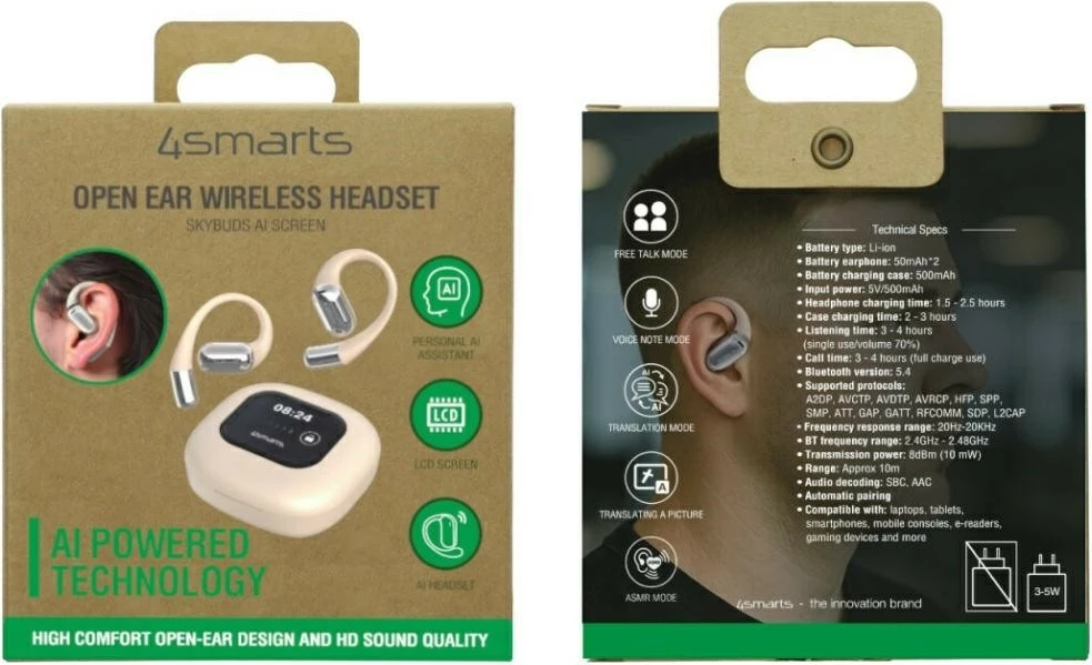 Kufje Bluetooth 4smarts SkyBuds OWS me ekran AI translator, Bluetooth 5.4, open-ear ear-clip, 28 orë, Bezhë