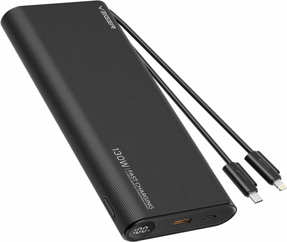 Powerbank VEGER TC130 25000mAh 130W me kabllo USB-C/Lightning, me ekran LCD, e zezë