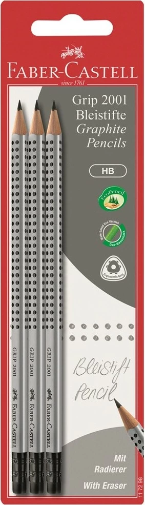 Laps grafiti FABER-CASTELL Grip 2001 HB, 3 copë, zi/gri