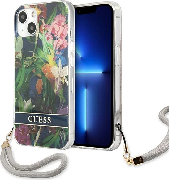 Mbështjellës Guess GUHCP13SHFLSB për iPhone 13 mini 5.4", Flower Strap, Blu