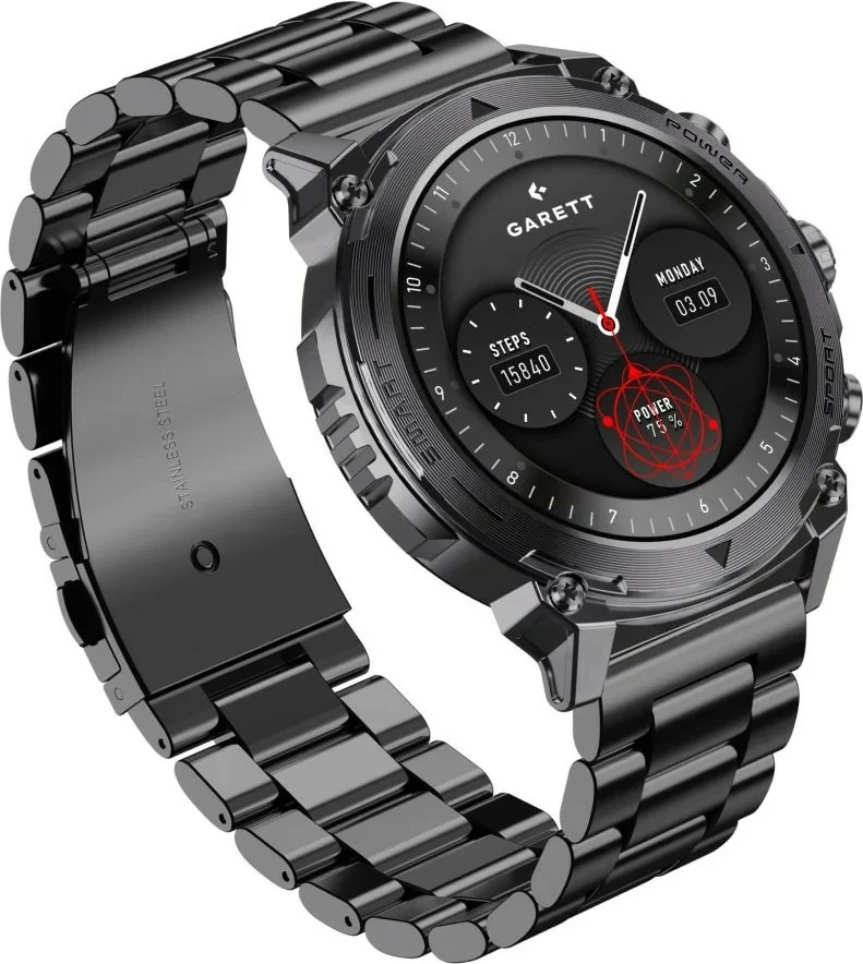 Smartwatch Garett Atom 1.43\" AMOLED, Bluetooth thirrje, IP68, 370 mAh, iOS/Android, e zezë, set me rrip silikoni shtesë