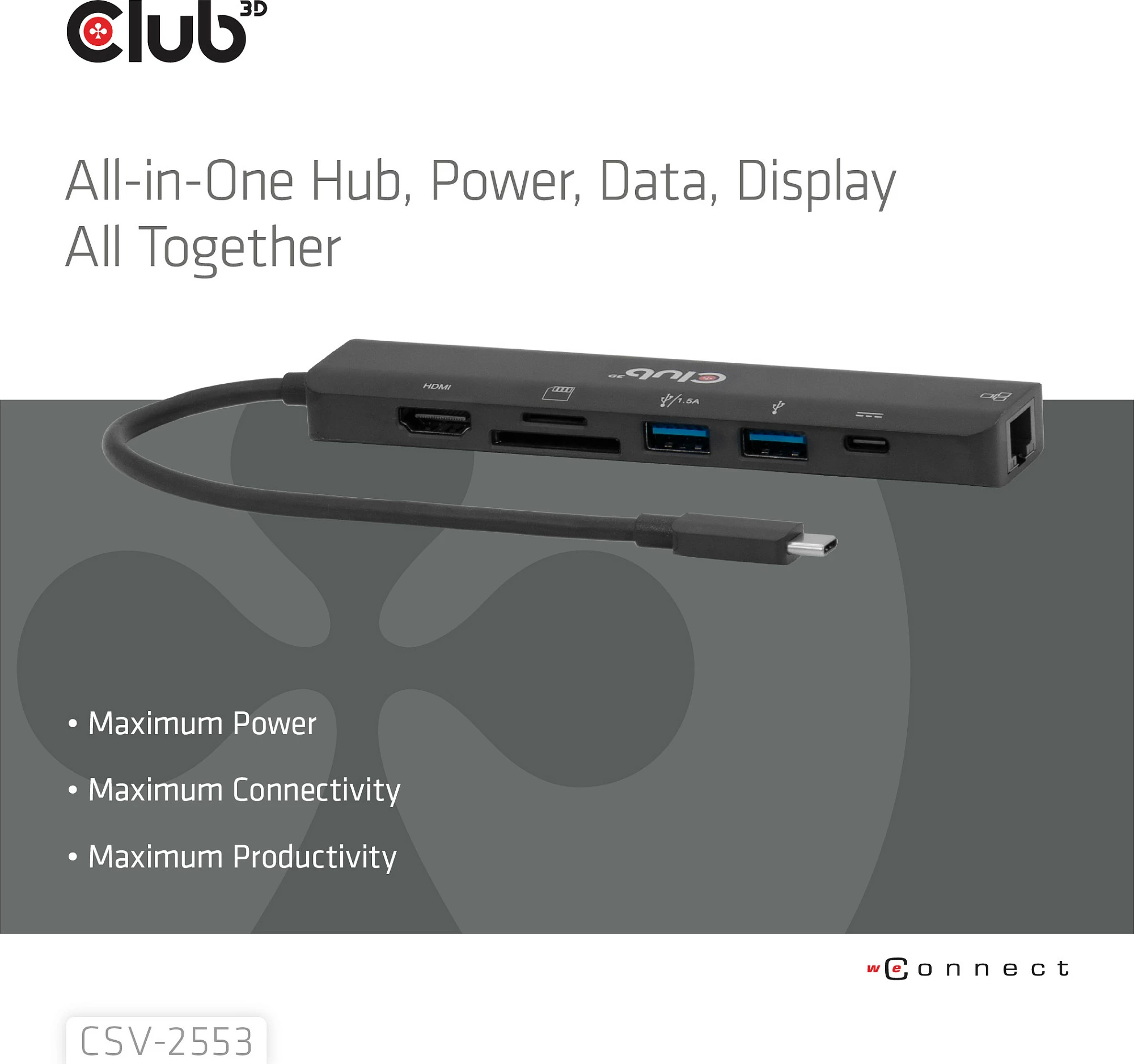Hub USB-C Club 3D CSV-2553, 7-në-1, HDMI 4K@60Hz, RJ-45 Gigabit, 2x USB-A, USB-C PD, SD/microSD, i zi