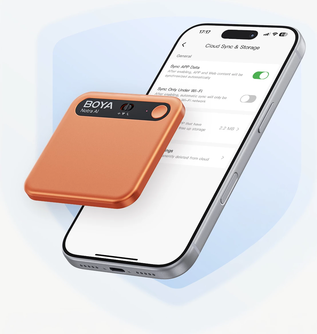 Regjistrues zëri BOYA Notra AI, 64GB, Bluetooth/USB-C, MagSafe, portokalli