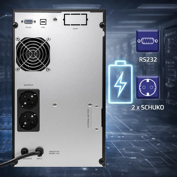 UPS me valë sinusoide të pastër, Qoltec 52642, 3kVA 2400W, AVR, LCD, line-interactive, 6x7Ah, 2x Schuko, USB/RS-232, e zezë