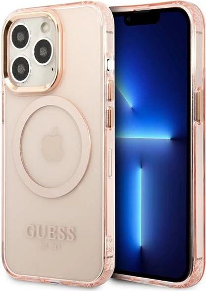 Mbështjellës Guess Gold Outline Translucent MagSafe për iPhone 13 Pro Max, rozë