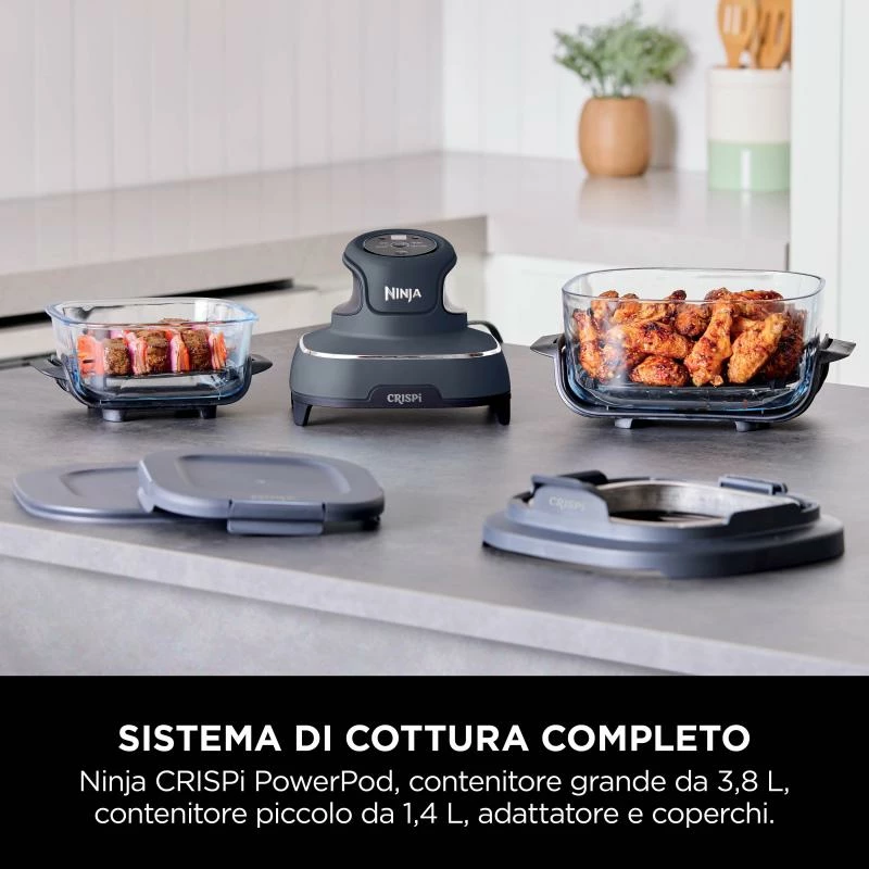 Fritezë ajri, Ninja, CRISPi FN101EUGY, 4-në-1 1700W, 3.8L + 1.4L, enë qelqi, blu