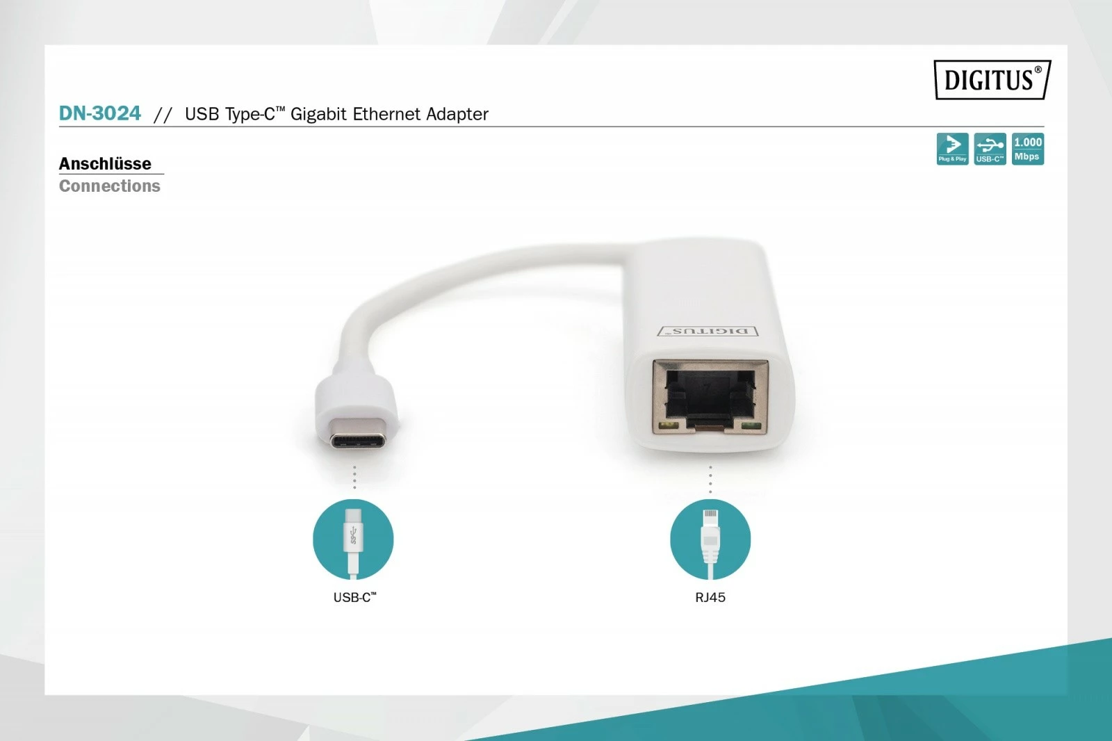 Adapter rrjeti USB-C Digitus DN-3024, Gigabit Ethernet, i bardhë
