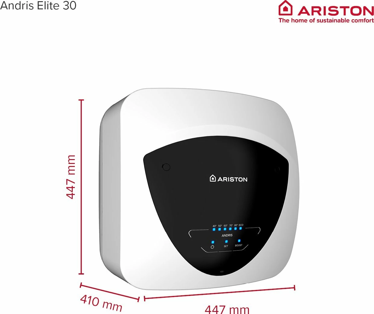 Bojler elektrik Ariston Andris Elite 3105089, 30 L, 2 kW, montim vertikal nën lavaman, bardhë/zi