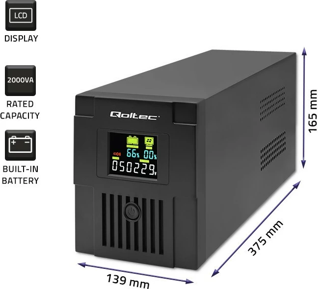 UPS Qoltec Monolith 53771, 2000VA, 1200W, LCD, USB, e zezë