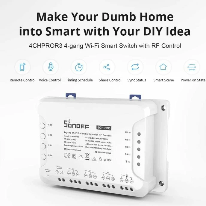 Switch smart Wi‑Fi SONOFF 4CHPROR3, 4-kanalësh, 100-240V, 3500W, RF 433MHz, i bardhë
