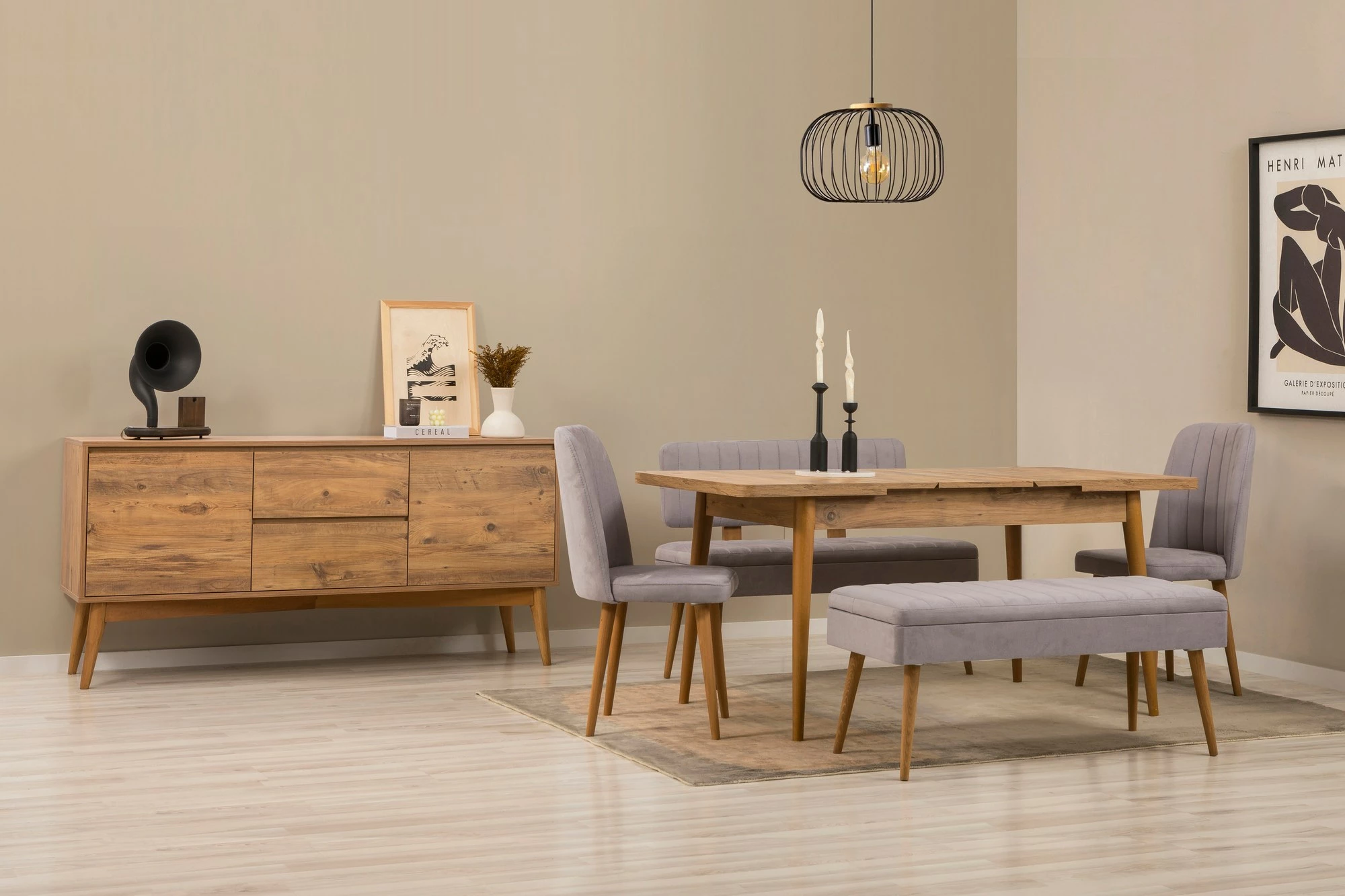 Set tavoline me karrige, konsolë dhe stol, ngjyrë Atlantic Pine, gri, 6 pjesë, Skye Decor, Vina Bench 04 0701