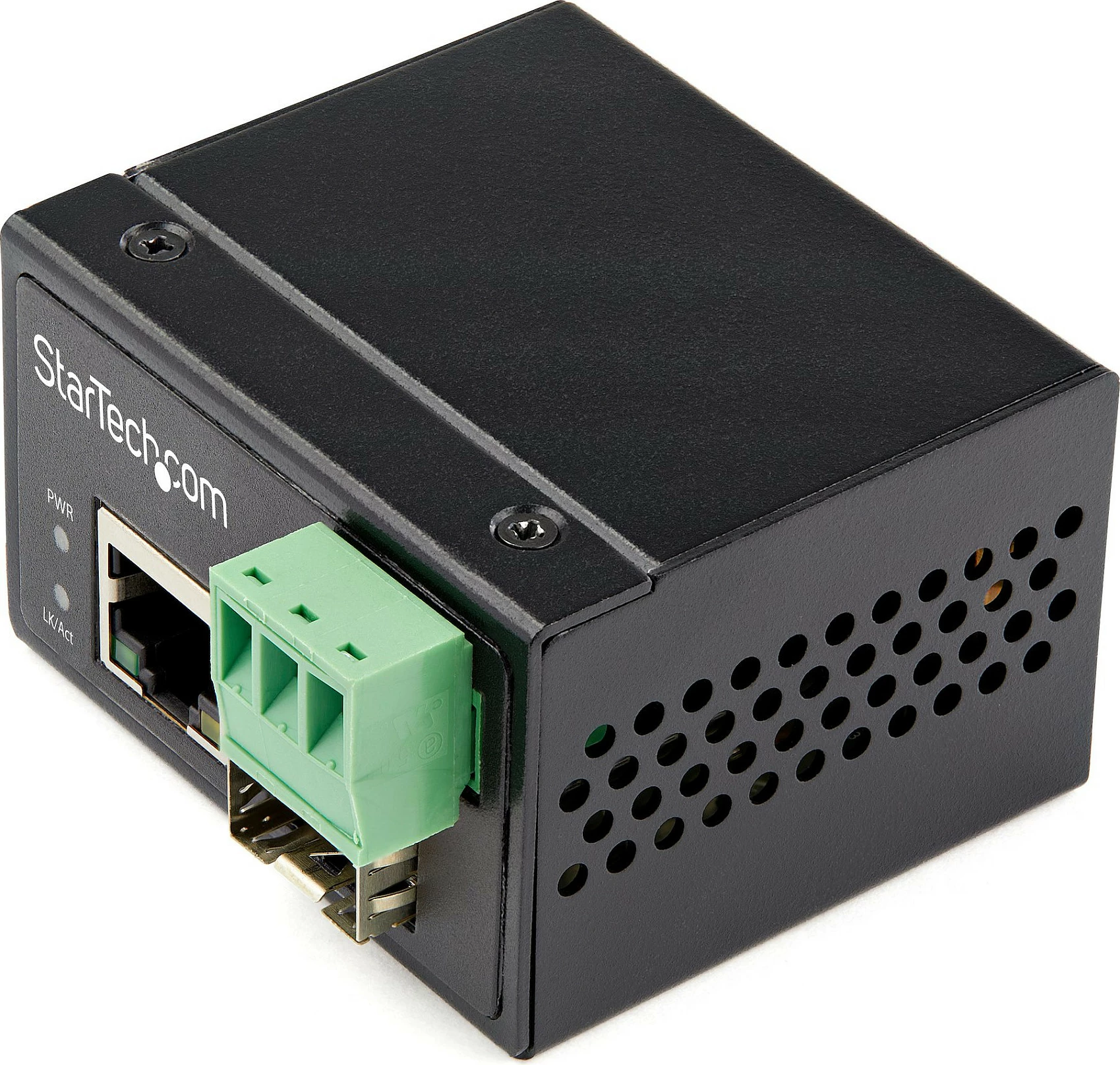 Media konvertues industrial StarTech 10/100Mbps RJ-45 në SFP fiber, 12-56V DC, IP30