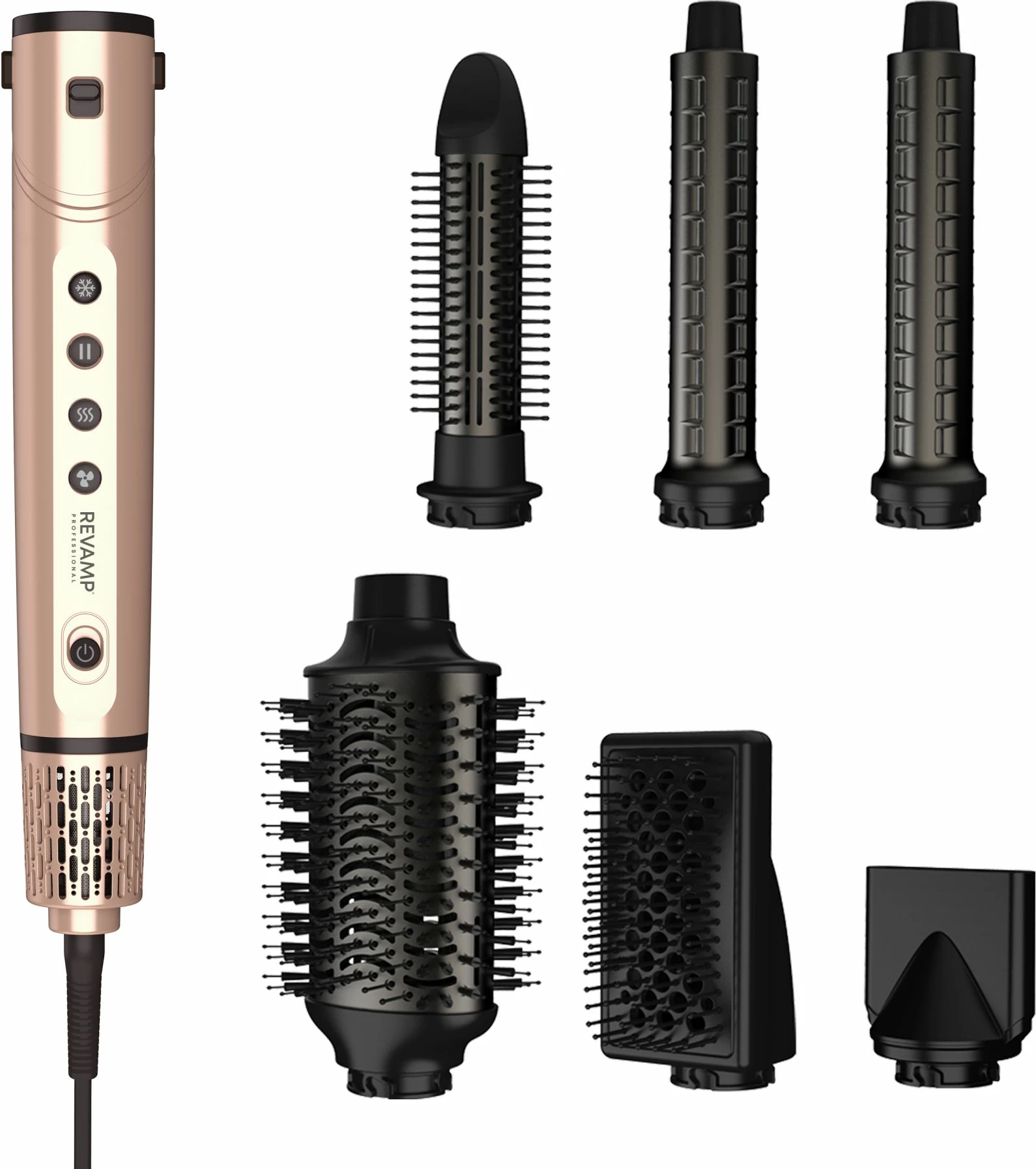 Tharëse flokësh me stilues Revamp Dynamic Radiance Pro DR-2850GD, 6 aksesorë, jonike, 110000 RPM, rozë e artë, set