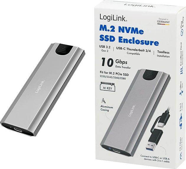 Kasë eksterne për SSD NVMe LogiLink, USB 3.2 Gen2, USB-C, argjend