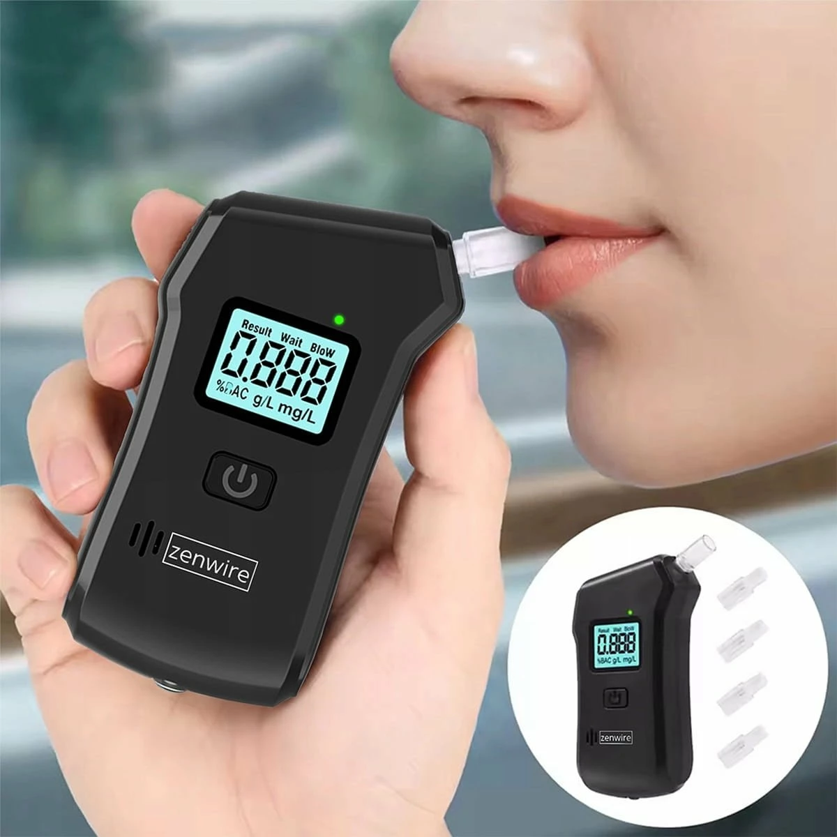 Alkotest digjital Zenwire MR806, 0.0–2.0‰, saktësi 0.01‰, me llambë dore, i zi, set 5 grykë