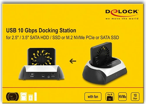 Docking station USB-C DeLOCK 10Gbps për HDD/SSD 2.5/3.5" dhe M.2 NVMe/SATA, me ventilator, e zezë