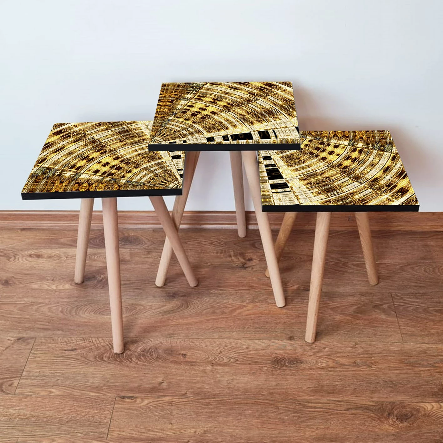 Set tavolinash ndihmëse, 3 copë, ngjyrë ari dhe kafe, Skye Decor, 3Shp142