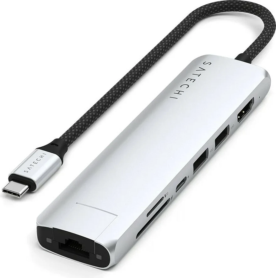 Adapter USB-C Satechi Slim Multi-Port Hub ST-P7SS, 7-në-1, HDMI, Ethernet, SD/microSD, argjendtë
