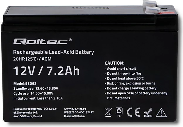 Bateri Qoltec AGM 53062 12V  7.2 Ah |max 108A