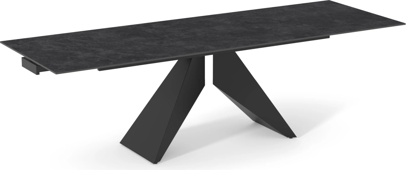 Tavolinë ngrënieje e zgjatshme Dominion, sipërfaqe qeramike, këmbë metalike, 180(40+40)x90x76cm