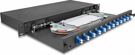 Kuti splice optike DeLOCK 19" 1U, 12x LC Duplex OS2, metal, 483 x 220 x 44 mm, e zezë