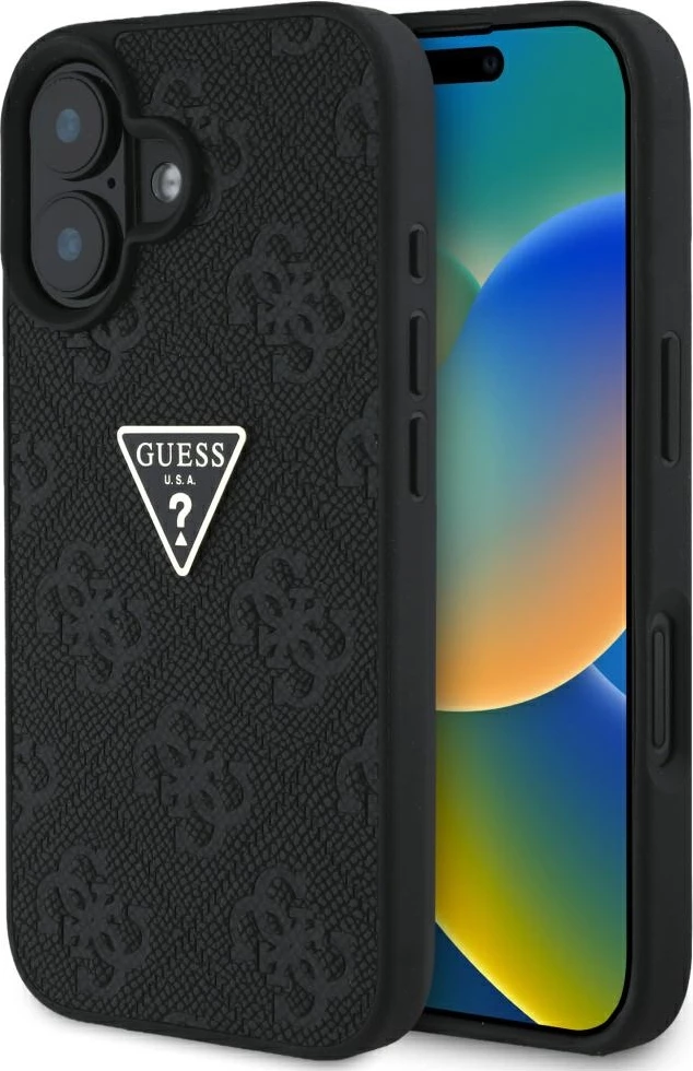 Mbështjellës Guess Hot Stamp 4G Pattern Triangle Metal Logo për iPhone 16, i zi